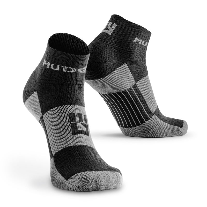 MudGear Quarter Crew Trail Socks, Blister-Resistant, Sweat-Resistant & Quick-Drying for Running, Hiking & Cycling, Non-Slip, Breathable, Cushioned Footbed, Made in USA, 2-Pack, Medium, Black/Gray - Image 1
